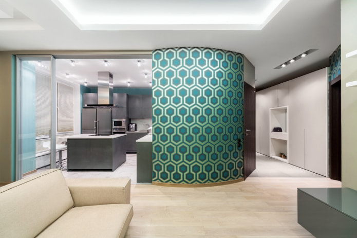 turquoise and blue pentagons on wallpaper