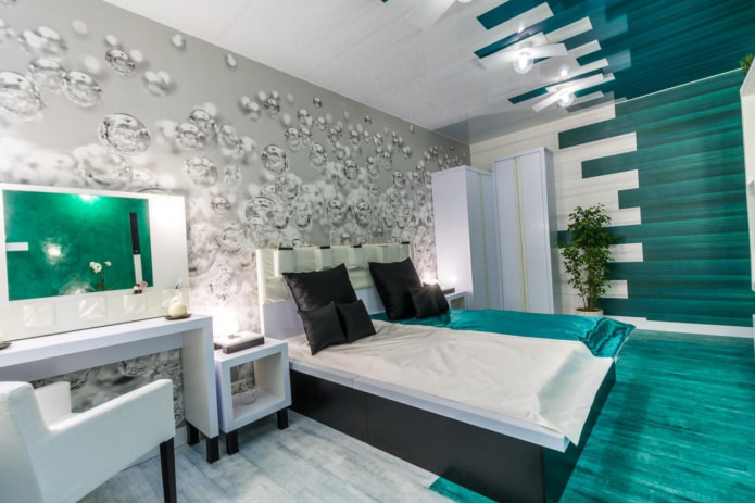 combination of gray photo wallpaper and geometric turquoise print