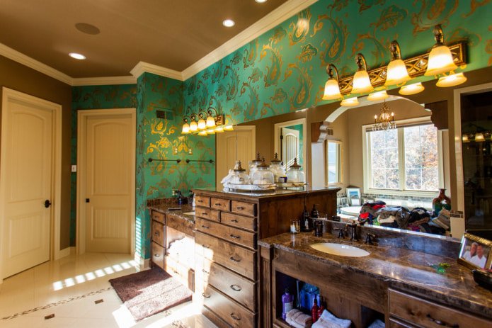 gold patterns on wallpaper with a mirror