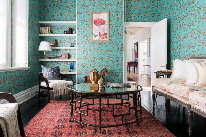Turquoise wallpaper with flowers