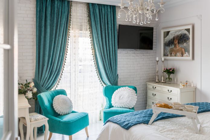 tassels on turquoise curtains