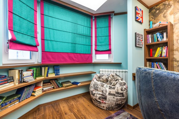 Pink and turquoise combination of roman blinds