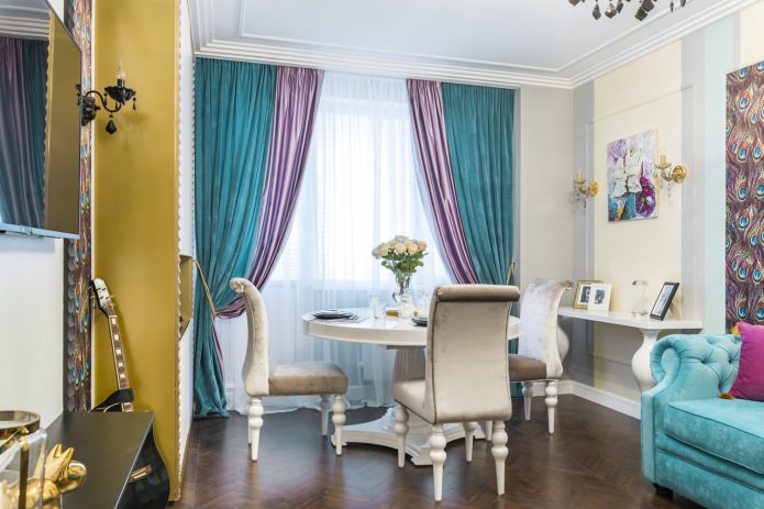 Violet and turquoise combination on curtains