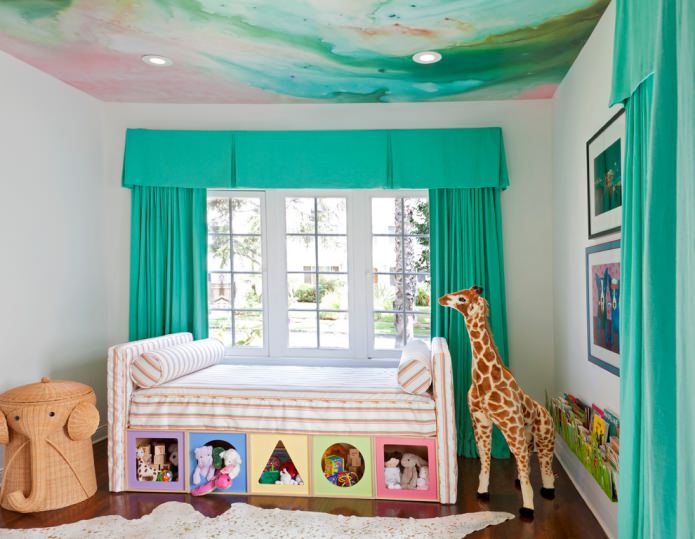 turquoise curtains with lambrequin