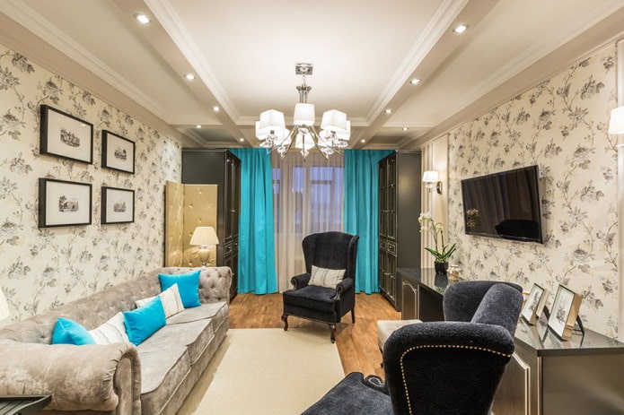 Brown room design with turquoise curtains
