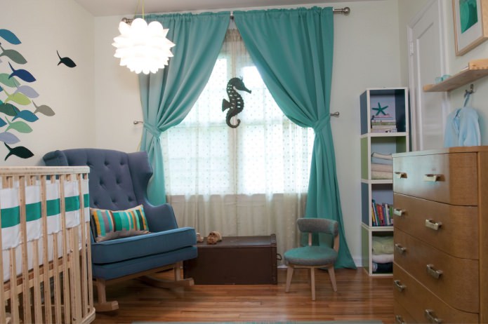 children's room with translucent tulle curtains and turquoise curtains