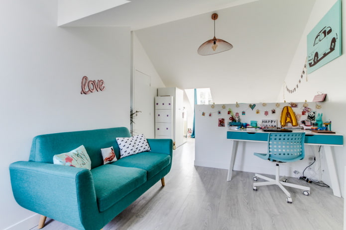 turquoise sofa in the interior of a child's room