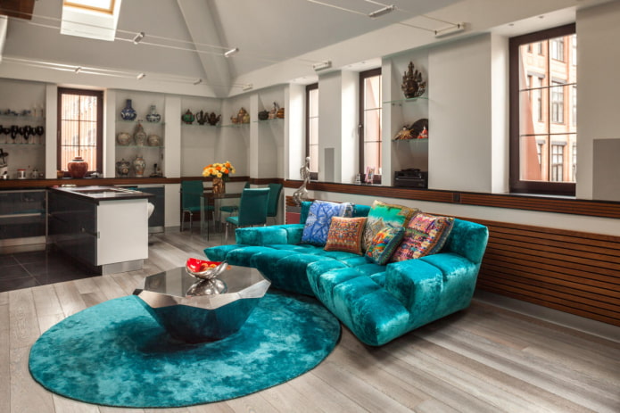 sofa with turquoise fabric upholstery in the interior