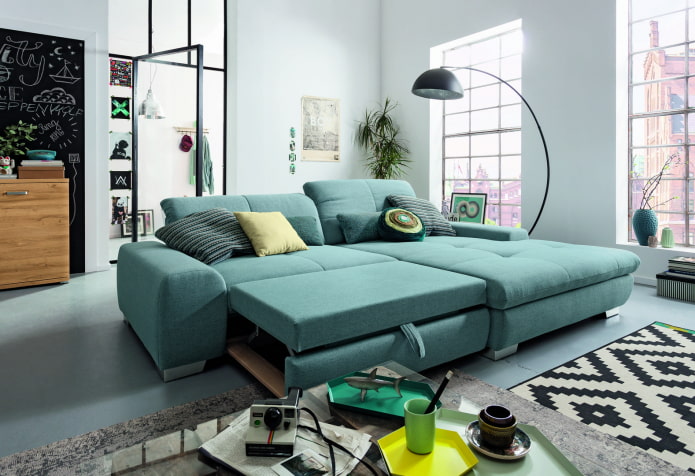 turquoise folding sofa in the interior