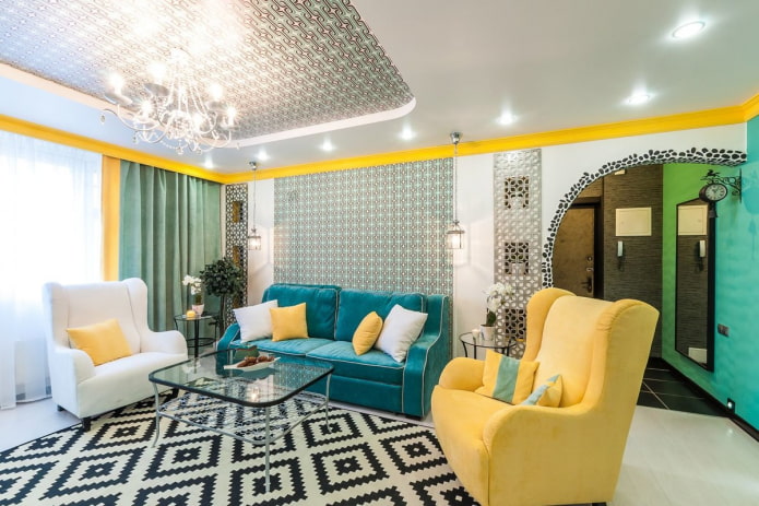 turquoise sofa in combination with armchairs