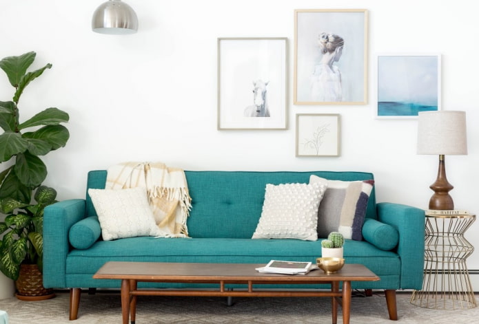turquoise sofa in combination with pillows