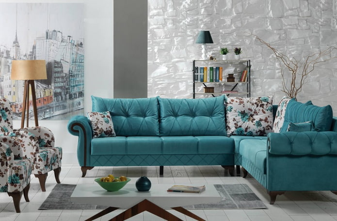 turquoise sofa in the living room interior
