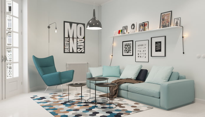 turquoise sofa in Scandinavian style