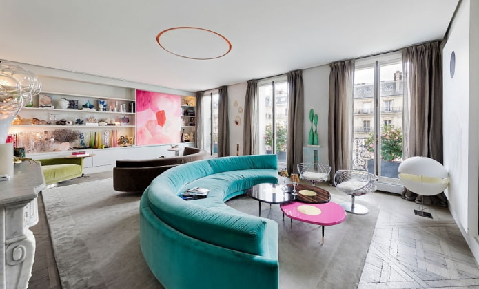 semicircular turquoise sofa in the interior