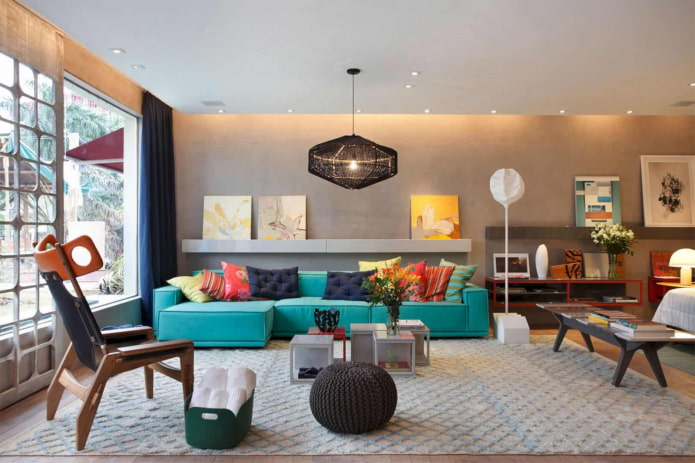 turquoise sofa combined with wallpaper