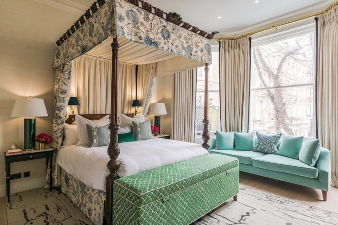 turquoise sofa in the bedroom interior