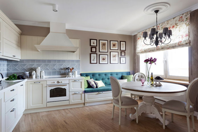 turquoise sofa in the kitchen