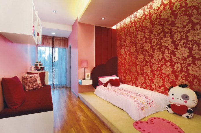 children's room for a girl with burgundy and gold walls