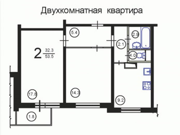 Layout of a two-room apartment, P-3 series