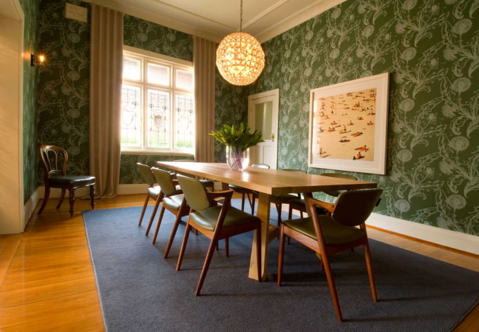 green paper wallpaper in the interior