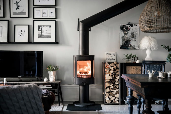 Potbelly stove in a Scandinavian living room