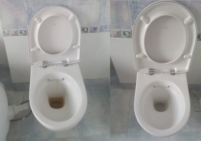 Toilet before and after cleaning with soda and vinegar