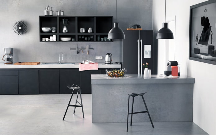 kitchen interior in gray and black tones