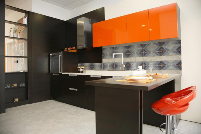 kitchen interior in black and orange tones