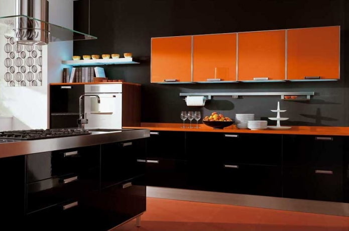 kitchen interior in black and orange tones