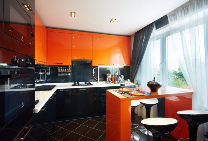 kitchen interior in black and orange tones