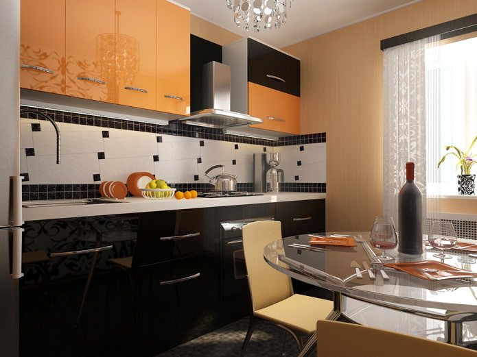 kitchen interior in black and orange tones
