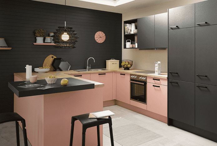 kitchen interior in black and pink tones