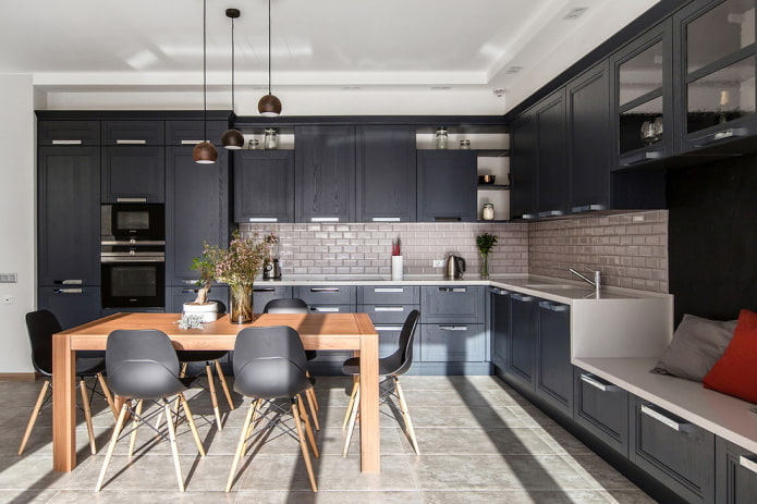 dining group in the kitchen interior in black tones