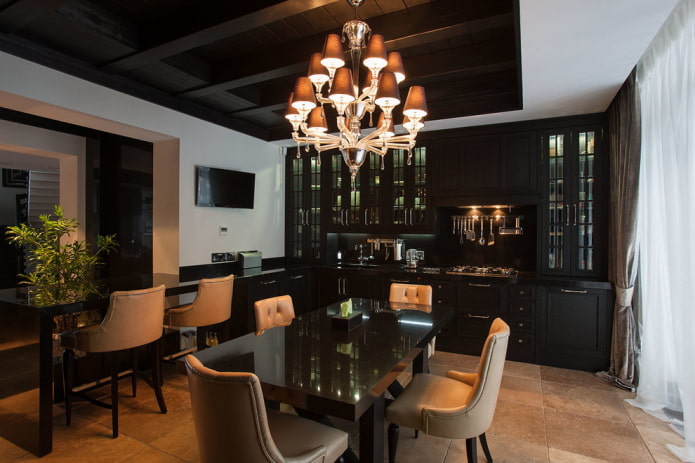 lighting in the kitchen interior in black tones