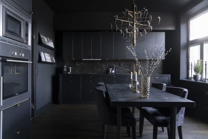 lighting in the kitchen interior in black tones
