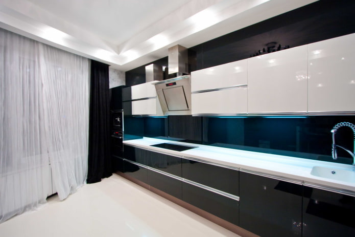 curtains in the kitchen interior in black tones