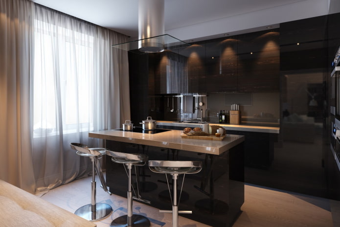curtains in the kitchen interior in black tones