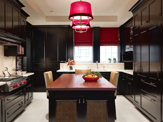 curtains in the kitchen interior in black tones