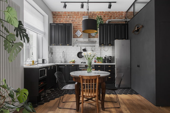 dining group in the kitchen interior in black tones