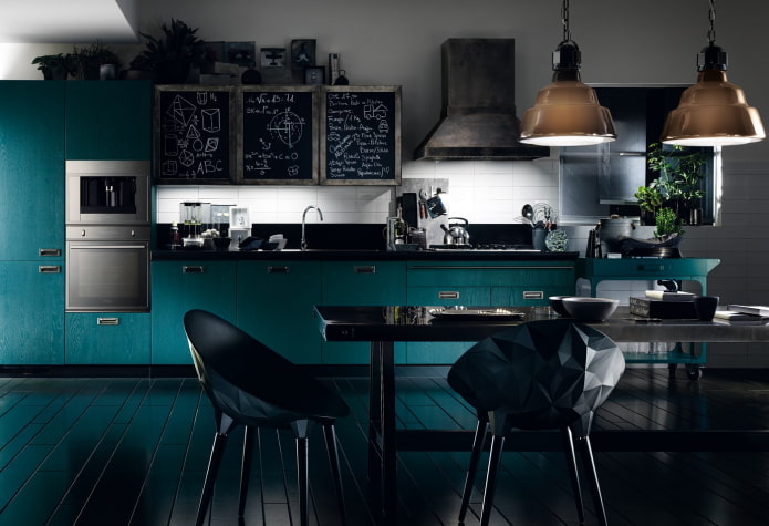 kitchen interior in black and turquoise tones