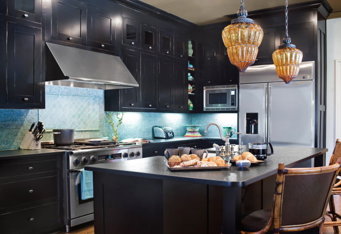 black kitchen set and blue apron