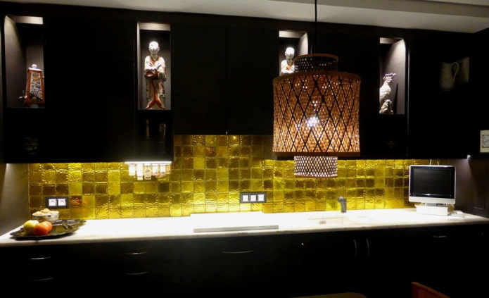 yellow apron and black kitchen set