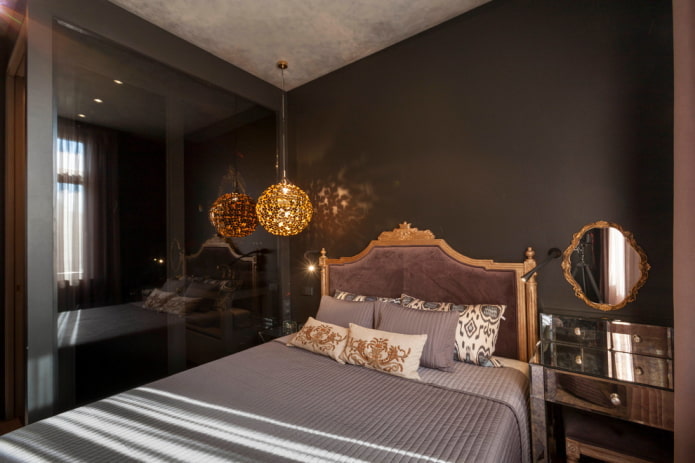 decor and lighting in the bedroom in black tones