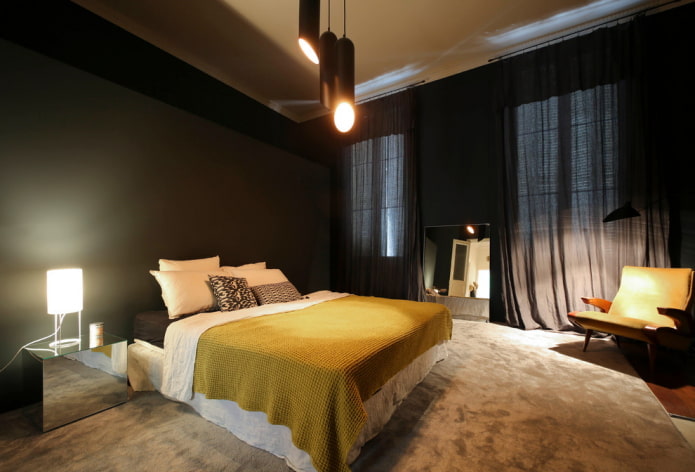 textiles in the bedroom interior in black tones