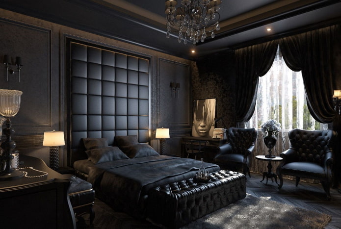 furniture in the bedroom interior in black tones