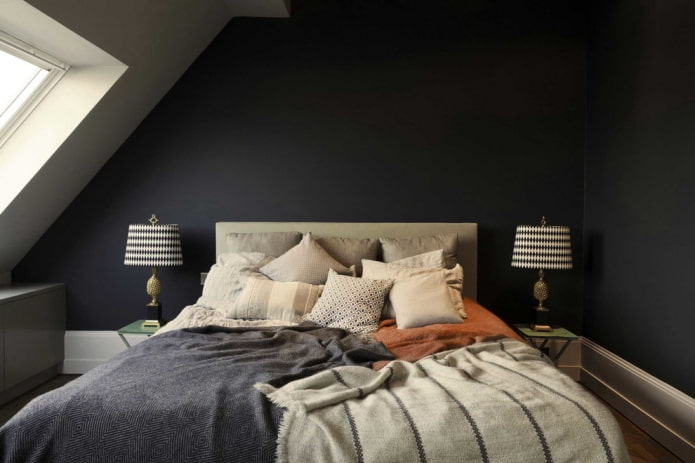 textiles in the bedroom interior in black tones