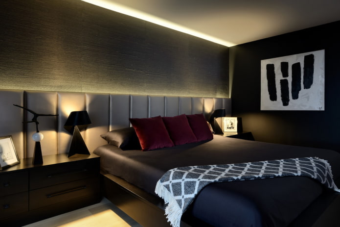 bedroom decor and lighting in black tones
