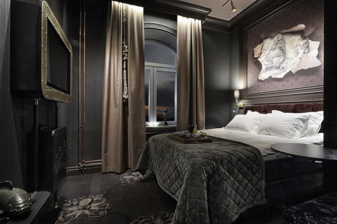 textiles in the bedroom interior in black tones