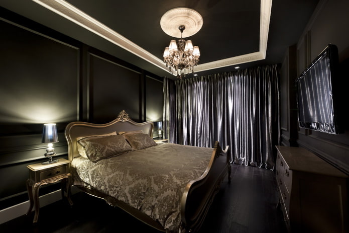 furniture in the bedroom interior in black tones