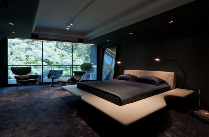 black bedroom in a high-tech style